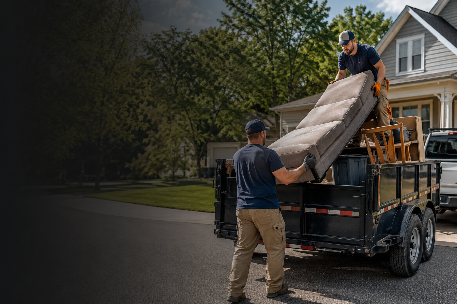 Junk removal crew loading a sofa into a trailer at a Michigan home